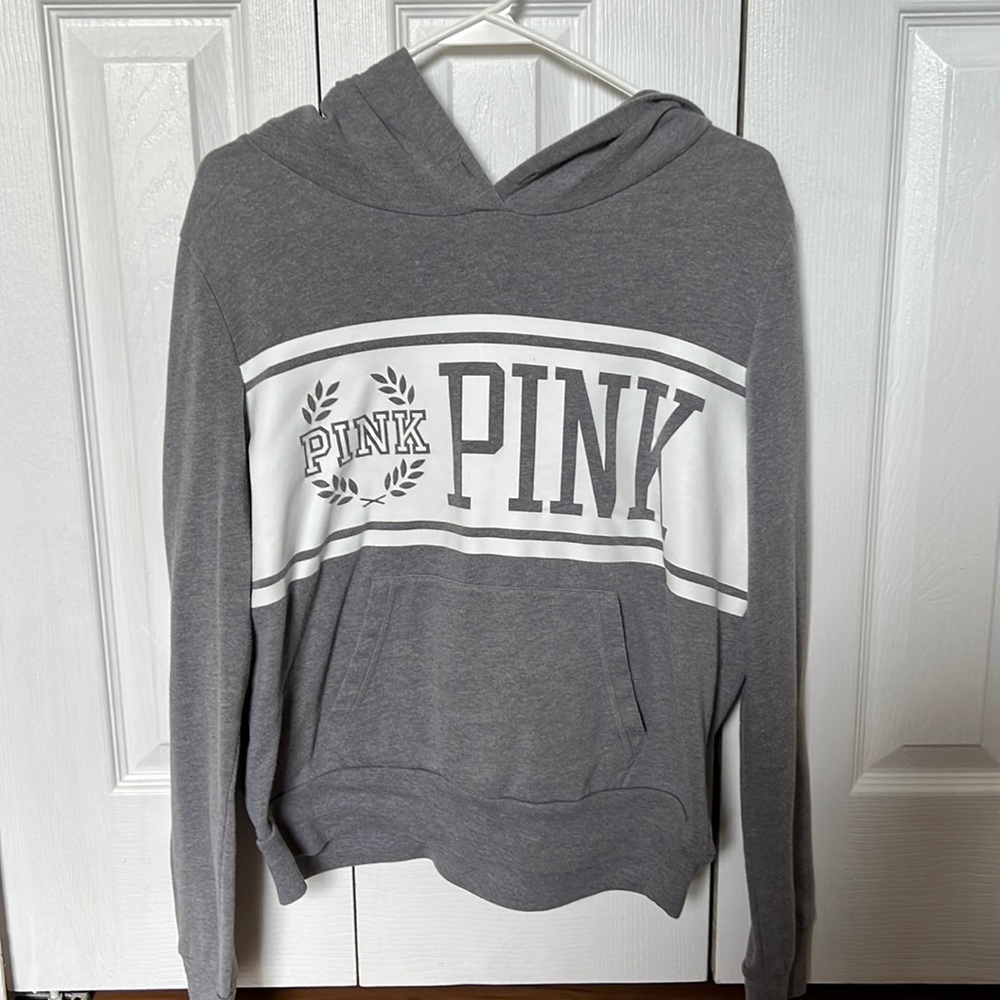 Gray and white Pink sweatshirt. Size large.